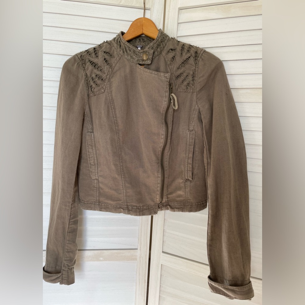 Free People Sz 4 Linen Cotton Eyelet Moto Jacket Olive Green Zip